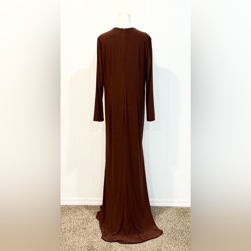 Mac Duggal Ieena Keyhole Draped Maxi Gown Long Sleeve Dress Size 14 Chocolate - Picture 9 of 12